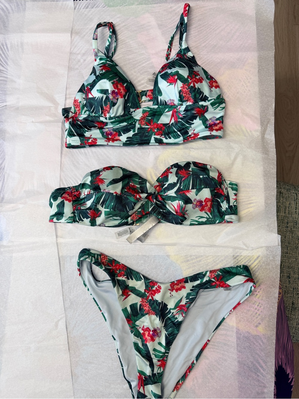 Victoria's Secret Tropical Floral Bikini Set - Green & Red Accent WITH 2 TOPS